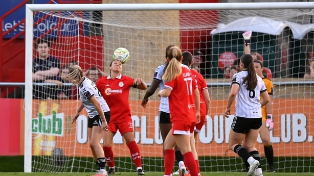 Pearl Slattery of Shelbourne heads her side's second goal during the Women's All-Island Cup final match between Shelbourne and Galway United at Tolka Park in Dublin.