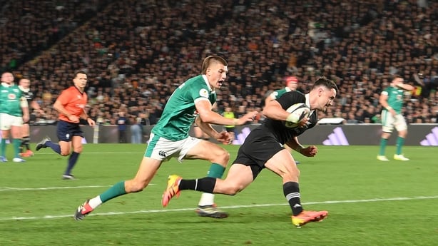 AUCKLAND, NEW ZEALAND - JULY 18: Will Jordan of New Zealand scores his team's third try during the Nations Championship match between New Zealand All Blacks and Ireland at Eden Park on July 18, 2026 in Auckland, New Zealand. (Photo by Kai Schwoerer - Nations Championship/Nations Championship via Get
