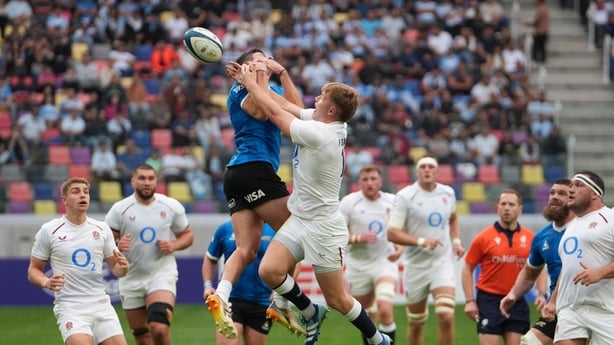 Bautista Delguy of Argentina and Fin Smith of England contest for the high ball - 2026 Nations Championship