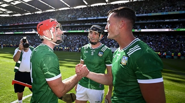 19 July 2026; Limerick players, from left, Barry Nash, Diarmaid Byrnes and Kyle Hayes celebrate after the GAA Hurling All-Ireland Senior Championship Final match between Galway and Limerick at Croke Park in Dublin. Photo by Seb Daly/Sportsfile