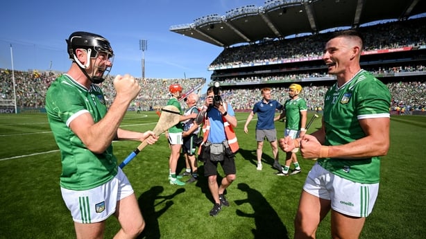 19 July 2026; Diarmaid Byrnes, left, and Gearóid Hegarty of Limerick celebrate after the GAA Hurling All-Ireland Senior Championship Final match between Galway and Limerick at Croke Park in Dublin. Photo by Ramsey Cardy/Sportsfile