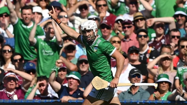 19 July 2026; Aaron Gillane of Limerick celebrates a point during the GAA Hurling All-Ireland Senior Championship Final match between Galway and Limerick at Croke Park in Dublin. Photo by Stephen McCarthy/Sportsfile