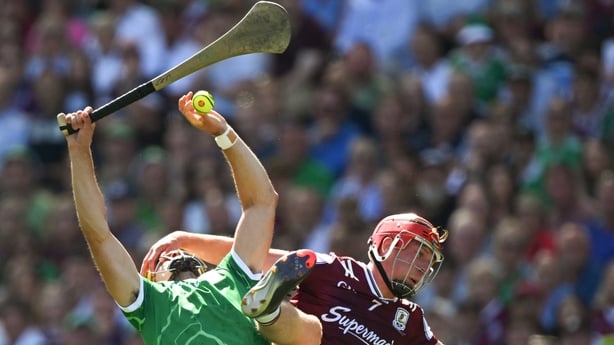 Dublin , Ireland - 19 July 2026; Cathal O'Neill of Limerick is tackled by Ronan Glennon of Galway during the GAA Hurling All-Ireland Senior Championship Final match between Galway and Limerick at Croke Park in Dublin. (Photo By Ray McManus/Sportsfile via Getty Images)