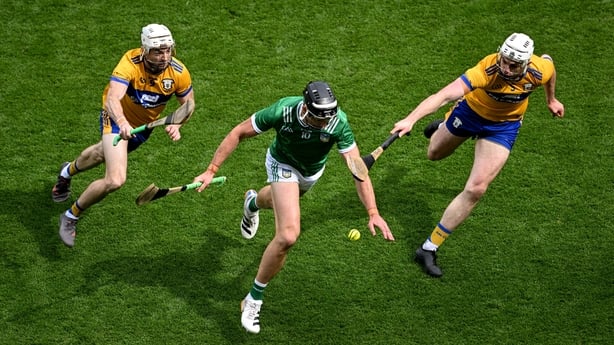 Dublin , Ireland - 5 July 2026; Gearóid Hegarty of Limerick in action against Ryan Taylor, left, and Diarmuid Ryan of Clare during the GAA Hurling All-Ireland Senior Championship semi-final match between Clare and Limerick at Croke Park in Dublin. (Photo By Daire Brennan/Sportsfile via Getty Images)