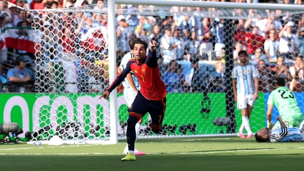 Ferran Torres #7 of Spain celebrates scoring his team's first goal during the FIFA World Cup 2026 Final match between Spain and Argentina at New York New Jersey Stadium on July 19, 2026 in East Rutherford, New Jersey.