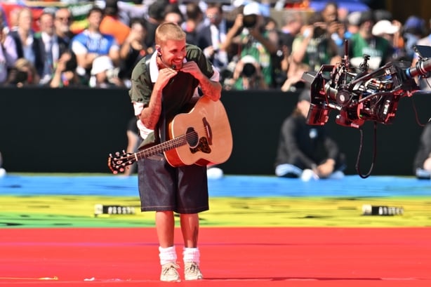 Justin Bieber performs during FIFA World Cup halftime show at New York New Jersey Stadium on 19 July, 2026 in East Rutherford, New Jersey. (Photo by Noam Galai/Getty Images for Global Citizen)