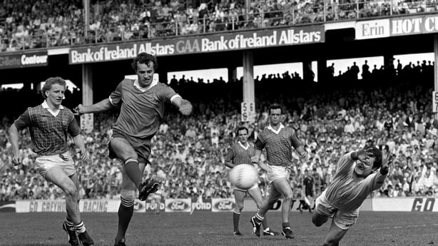 24 August 1986; Mikey Sheehy of Kerry, second from left, in action against Martin O'Connell, left, and goalkeeper Michael McQuillan of Meath during the All-Ireland Senior Football Championship Semi-Final match between Meath and Kerry at Croke Park in Dublin. Photo by Ray McManus/Sportsfile