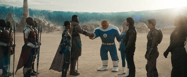 (L-R) The Dora Milaje, Shuri (Letitia Wright), M'Baku (Winston Duke), Ben Grimm/The Thing (Ebon Moss-Bachrach), Sue Storm/Invisible Woman (Vanessa Kirby), Bucky Barnes/Winter Soldier (Sebastian Stan), Joaquin Torres/Falcon (Danny Ramirez), and Ava/Ghost (Hannah John-Kamen) in Marvel's AVENGERS: DOOM