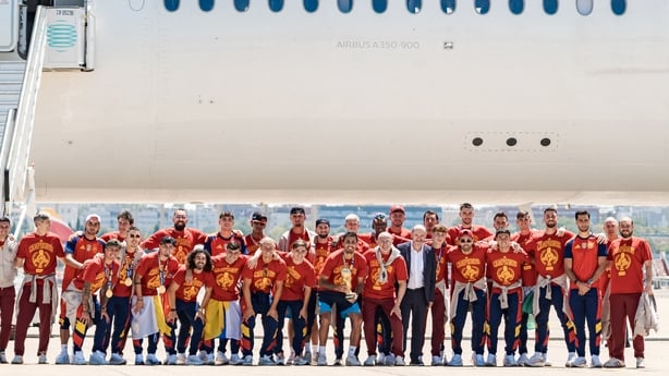 MADRID, SPAIN - JULY 20: Royal Spanish Football Federation President Rafael Louzan, Spain head coach Luis de la Fuente and captain Rodri arrive with the FIFA World Cup trophy at Adolfo Suarez Madrid-Barajas Airport, after Spain defeated Argentina in the 2026 FIFA World Cup final, in Madrid, Spain, J