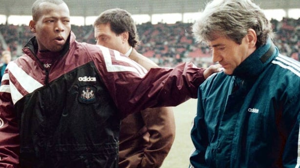 Newcastle's newest signing Faustino Asprilla with manager Kevin Keegan