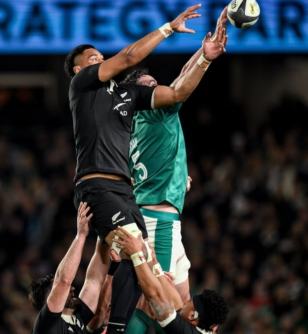 18 July 2026; James Ryan of Ireland wins possession in the lineout against Tupou Vaa'i of New Zealand during the 2026 Nations Championship Round 3 match between New Zealand and Ireland at Eden Park in Auckland, New Zealand. Photo by Brendan Moran/Sportsfile