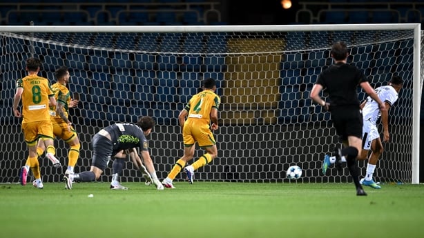 21 July 2026; Sandro Lima of Ararat-Armenia, right, scores his side's first goal during the UEFA Champions League Second Qualifying Round 1st Leg match between Ararat-Armenia and Shamrock Rovers at Vazgen Sargsyan Republican Stadium in Yerevan, Armenia. Photo by Asatur Yesayants/Sportsfile
