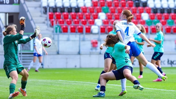 Shauna Brennan of Athlone Town scores her side's first goal during the UEFA Women's Champions League First Quaifying Round semi-final match between Athlone Town and Skopje 2014 at Zagłębiowski Park Sportowy in Sosnowiec, Poland