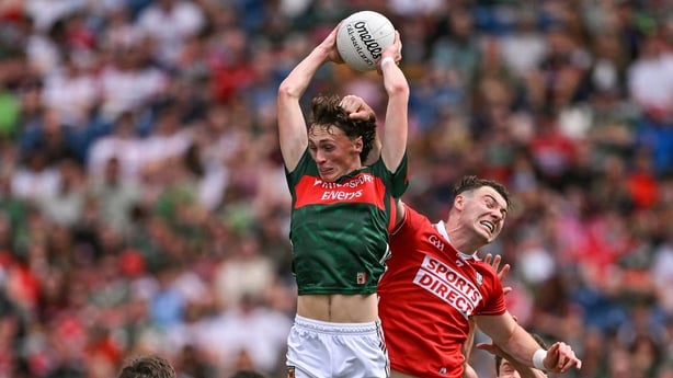 27 June 2026; Kobe McDonald of Mayo in action against Daniel O'Mahony of Cork during the GAA Football All-Ireland Senior Championship quarter-final match between Cork and Mayo at Croke Park in Dublin. Photo by Ramsey Cardy/Sportsfile