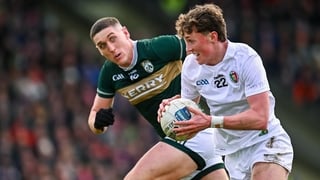 14 March 2026; Kobe McDonald of Mayo in action against Joe O'Connor of Kerry during the Allianz Football League Division 1 match between Kerry and Mayo at Austin Stack Park in Tralee, Kerry. Photo by Piaras Ó Mídheach/Sportsfile