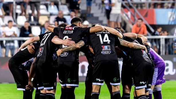 23 July 2026; Derry City players huddle during the UEFA Conference League Second Qualifying Round 1st Leg match between HNK Rijeka and Derry City at HNK Rijeka Stadium Rujevica in Rijeka, Croatia. Photo by Vid Ponikvar/Sportsfile