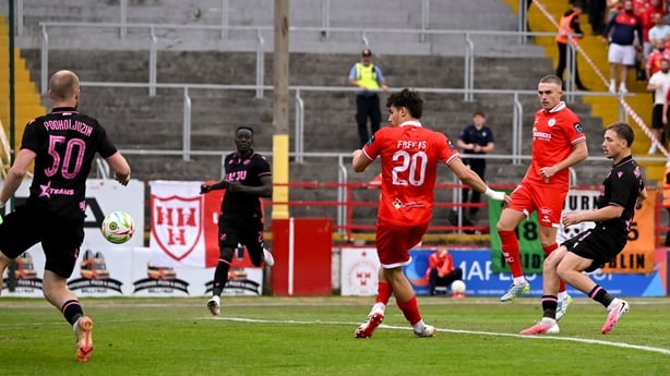 23 July 2026; Rodrigo Freitas of Shelbourne scores his side's first goal during the UEFA Conference League Second Qualifying Round first leg match between Shelbourne and Kalju at Tolka Park in Dublin. Photo by Stephen McCarthy/Sportsfile