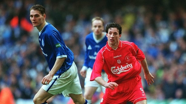 CARDIFF, WALES - FEBRUARY 25: Darren Purse of Birmingham City and Robbie Fowler of Liverpool challenge during the Worthington League Cup Final match between Birmingham City and Liverpool at Millennium Stadium on February 25, 2001 in Cardiff, Wales. (Photo by Paul Mcfegan/Sportsphoto/Allstar via Gett