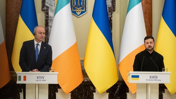 Taoiseach of the Republic of Ireland Micheal Martin and President of Ukraine Volodymyr Zelenskyy (R) hold a joint news conference following their meeting, Kyiv, Ukraine, July 23, 2026. (Photo by Danylo Antoniuk/Ukrinform) (Photo credit should read Danylo Antoniuk/ Ukrinform/Future Publishing via Get