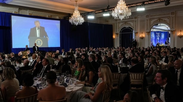 US President Donald Trump addresses a full room as he speaks during the re-scheduled White House Correspondents Dinner in the Presidential Ballroom at the Waldorf Astoria on July 24, 2026 in Washington, DC