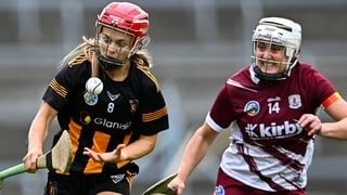 25 July 2026; Laura Greene of Kilkenny in action against Ailish O'Reilly of Galway during the All-Ireland Senior Camogie Championship semi-final match between Galway and Kilkenny at FBD Semple Stadium in Thurles, Tipperary. Photo by Piaras Ó Mídheach/Spor
