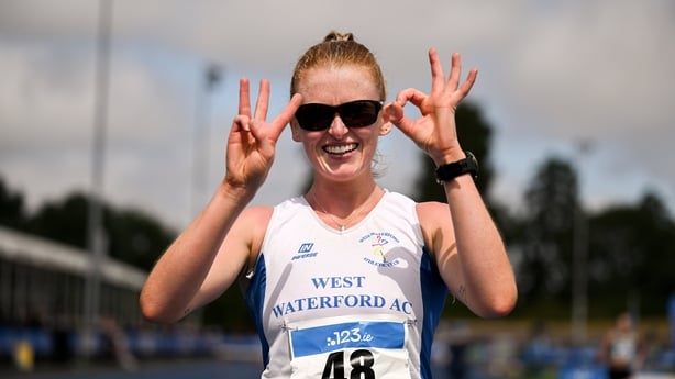 25 July 2026; Kate Veale of West Waterford A.C. celebrates after winning her 30th national title after the 5000m walk during day one of the 123.ie National Senior Track & Field Championships 2026 at Morton Stadium in Dublin. Photo by Mark Kavanagh/Sportsfile