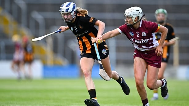 25 July 2026; Asha McHardy of Kilkenny in action against Rachael Hanniffy of Galway during the All-Ireland Senior Camogie Championship semi-final match between Galway and Kilkenny at FBD Semple Stadium in Thurles, Tipperary. Photo by Piaras Ó Mídheach/Sportsfile