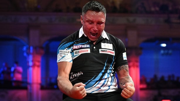 BLACKPOOL, ENGLAND - JULY 25: Gerwyn Price celebrates after winning his Semi Final against Gian van Veen taking him into the final on day eight of the 2026 Betfred World Matchplay at Winter Gardens on July 25, 2026 in Blackpool, England. (Photo by Ben Roberts Photo/Getty Images)