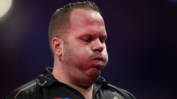 BLACKPOOL, ENGLAND - JULY 25: Gian van Veen reacts during his Semi Final against Luke Littler on day eight of the 2026 Betfred World Matchplay at Winter Gardens on July 25, 2026 in Blackpool, England. (Photo by Ben Roberts Photo/Getty Images)