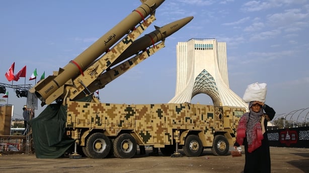 Zolfaghar and Qadr missiles alongside a metal model of a mini submarine are displayed at Azadi Square as the mutual attacks between Iran and the US, sparked by the parallel routes established in the Strait of Hormuz, intensify day by day in Tehran, Iran on July 24, 2026. Citizens had the opportunity