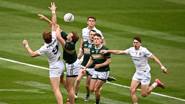 26 July 2026; Mark O'Shea of Kerry in action against Jack Carney of Mayo during the GAA Football All-Ireland Senior Championship final match between Kerry and Mayo at Croke Park in Dublin. Photo by David Fitzgerald/Sportsfile