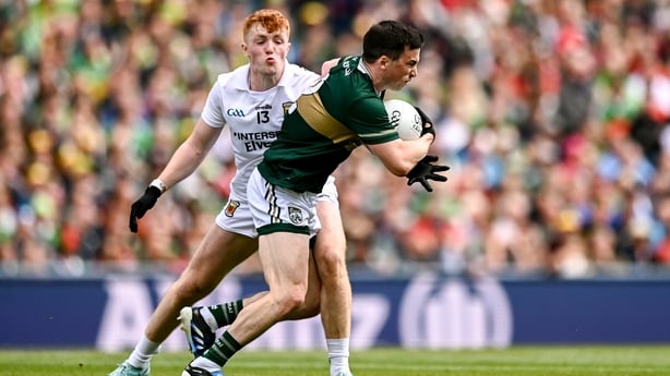 26 July 2026; Paul Murphy of Kerry in action against Darragh Beirne of Mayo during the GAA Football All-Ireland Senior Championship final match between Kerry and Mayo at Croke Park in Dublin. Photo by Ben McShane/Sportsfile
