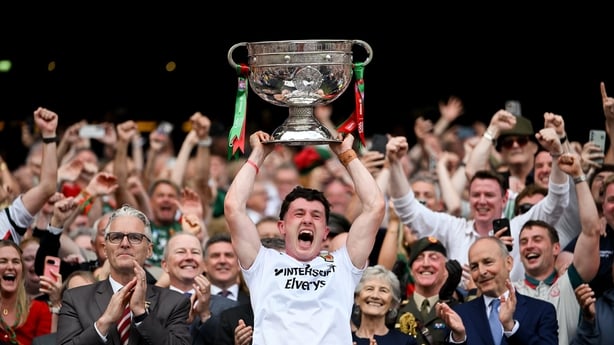 26 July 2026; Mayo captain Jack Coyne lifts the Sam Maguire Cup after his side's victory in the GAA Football All-Ireland Senior Championship final match between Kerry and Mayo at Croke Park in Dublin. Photo by Stephen McCarthy/Sportsfile