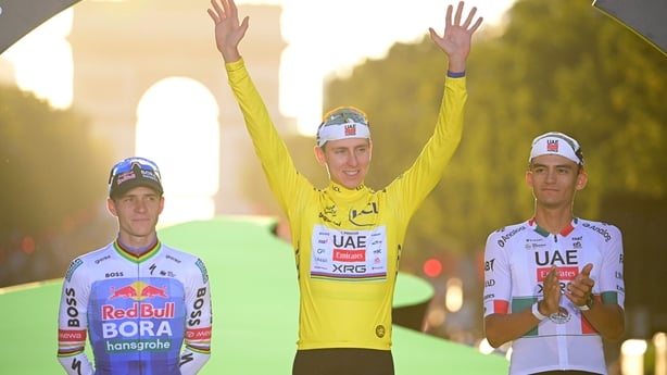 PARIS, FRANCE - JULY 26: (L-R) Remco Evenepoel of Belgium and Team Red Bull - BORA - hansgrohe on second place, final overall winner - Tadej Pogacar of Slovenia and UAE Team Emirates - XRG - Yellow Leader Jersey and Isaac Del Toro of Mexico and UAE Team Emirates - XRG on third place pose on the podi