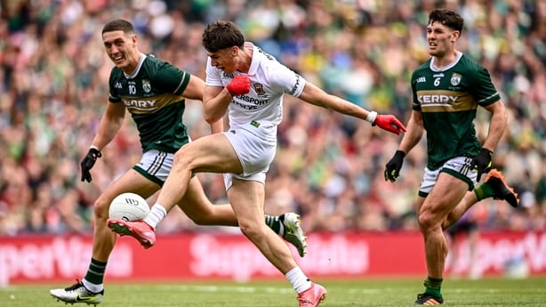 26 July 2026; Sam Callinan of Mayo kicks a point during the GAA Football All-Ireland Senior Championship final match between Kerry and Mayo at Croke Park in Dublin. Photo by Ben McShane/Sportsfile
