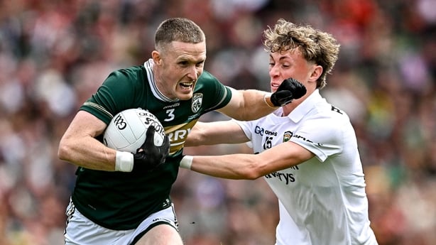 26 July 2026; Jason Foley of Kerry in action against Kobe McDonald of Mayo during the GAA Football All-Ireland Senior Championship final match between Kerry and Mayo at Croke Park in Dublin. Photo by Seb Daly/Sportsfile