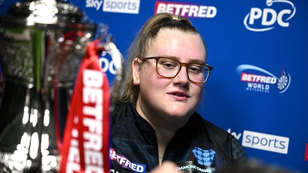 BLACKPOOL, ENGLAND - JULY 26: Beau Greaves with the Betfred Women's World Matchplay trophy following her match against Fallon Sherrock during a post match interview on day nine of the 2026 Betfred World Matchplay at Winter Gardens on July 26, 2026 in Blackpool, England. (Photo by Ben Roberts Photo/G