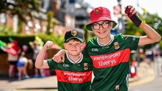 Mayo supporters Tom O'Grady, left, and Conor Sloyan, from Charlestown, before the GAA Football All-Ireland Senior Championship semi-final match between Mayo and Louth at Croke Park in Dublin.