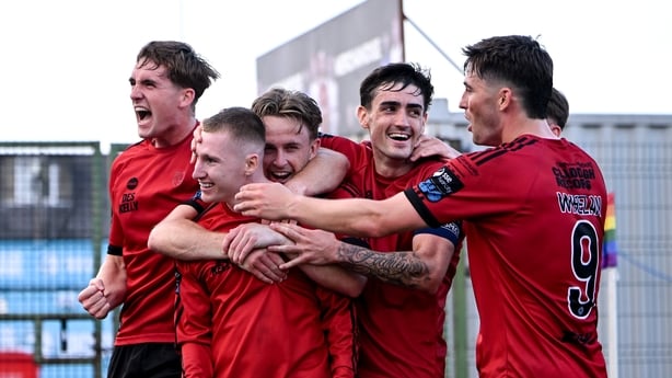 Ross Tierney of Bohemians, second from left, celebrates with Bohemians team-mates, from left, Cian Byrne, Darragh Power, Dawson Devoy and Colm Whelan after scoring his side's second goal during the UEFA Conference League Second Qualifying Round first leg match between Bohemians and Ballkani at Dalym