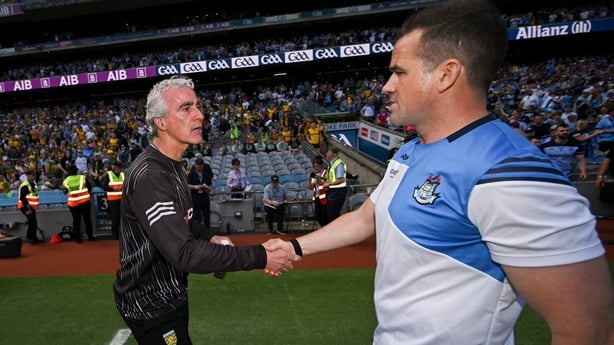 21 June 2026; Donegal manager Jim McGuinness, left, and Dublin manager Ger Brennan shake hands after the GAA Football All-Ireland Senior Championship Round 3 match between Dublin and Donegal at Croke Park in Dublin. Photo by Ramsey Cardy/Sportsfile