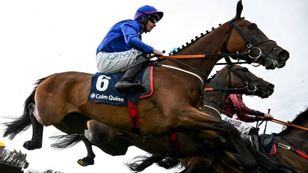 Galway , Ireland - 28 July 2026; Lizzie Twigg, with Jack Kennedy up, left, on their way to winning the COLM QUINN BMW Novice Hurdle during day two of the Galway Races Summer Festival at Ballybrit Racecourse in Galway. (Photo By David Fitzgerald/Sportsfile via Getty Images)