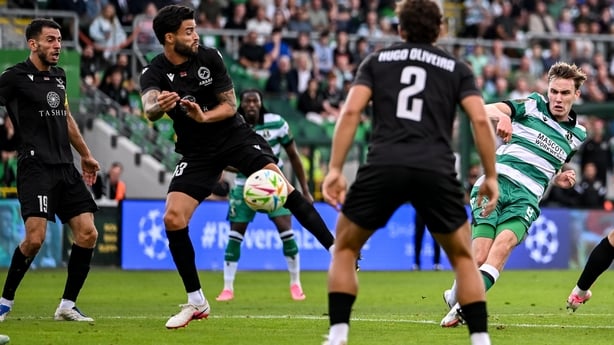 Matt Healy of Shamrock Rovers shoots to score his side's first goal during the UEFA Champions League Second Qualifying Round second leg match between Shamrock Rovers and Ararat-Armenia at Tallaght Stadium in Dublin. Photo by Stephen McCarthy/Sportsfile
