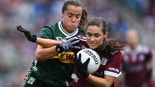 4 August 2024; Kate Geraghty of Galway is tackled by Danielle O'Leary of Kerry during the TG4 All-Ireland Ladies Football Senior Championship final match between Galway and Kerry at Croke Park, Dublin. Photo by Ray McManus/Sportsfile