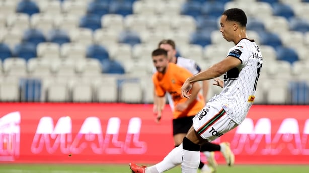 Douglas James-Taylor of Bohemians scores against Kalju in Conference, Round 2, second leg