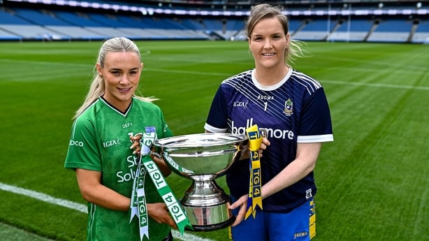 29 July 2026; Fermanagh footballer Shannan McQuade and Roscommon footballer Helena Cummins poses for a portrait with The Mary Quinn Memorial Cup ahead of the TG4 All-Ireland Ladies Football Intermediate Championship Final on Sunday. Visit ladiesgaelic.ie for ticket information. Photo by Piaras Ó Míd