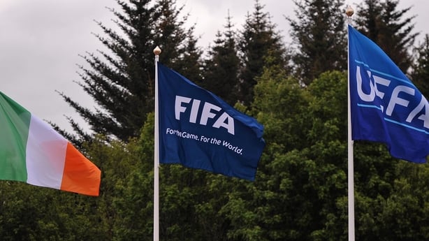 Republic of Ireland flag alongside the FIFA and UEFA flags ahead of the game. UEFA European Women's Under-17 Championship Finals, Republic of Ireland v Switzerland. Laugardalsvollur, Reykjavik, Iceland.