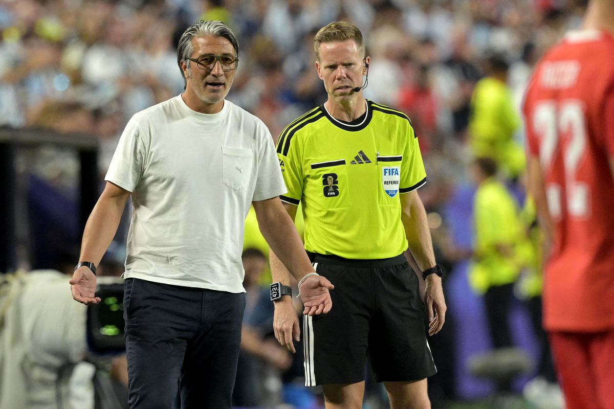 Switzerland's head coach Murat Yakin gestures during the 2026 World Cup football tournament quarter-final match between Argentina and Switzerland at the Kansas City Stadium in Kansas City on July 11, 2026. (Photo by JUAN MABROMATA/AFP via Getty Images)