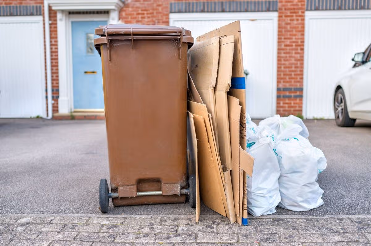 Rubbish, cardboard and recycling bin outside house