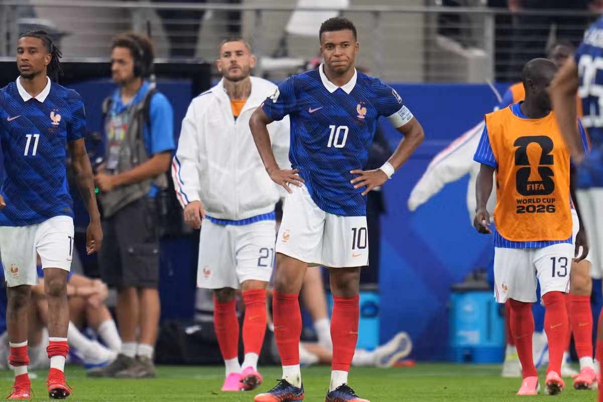 France's Kylian Mbappe (10) gestures after the World Cup semifinal soccer match between France and Spain in Arlington, Texas, near Dallas, Tuesday, July 14, 2026