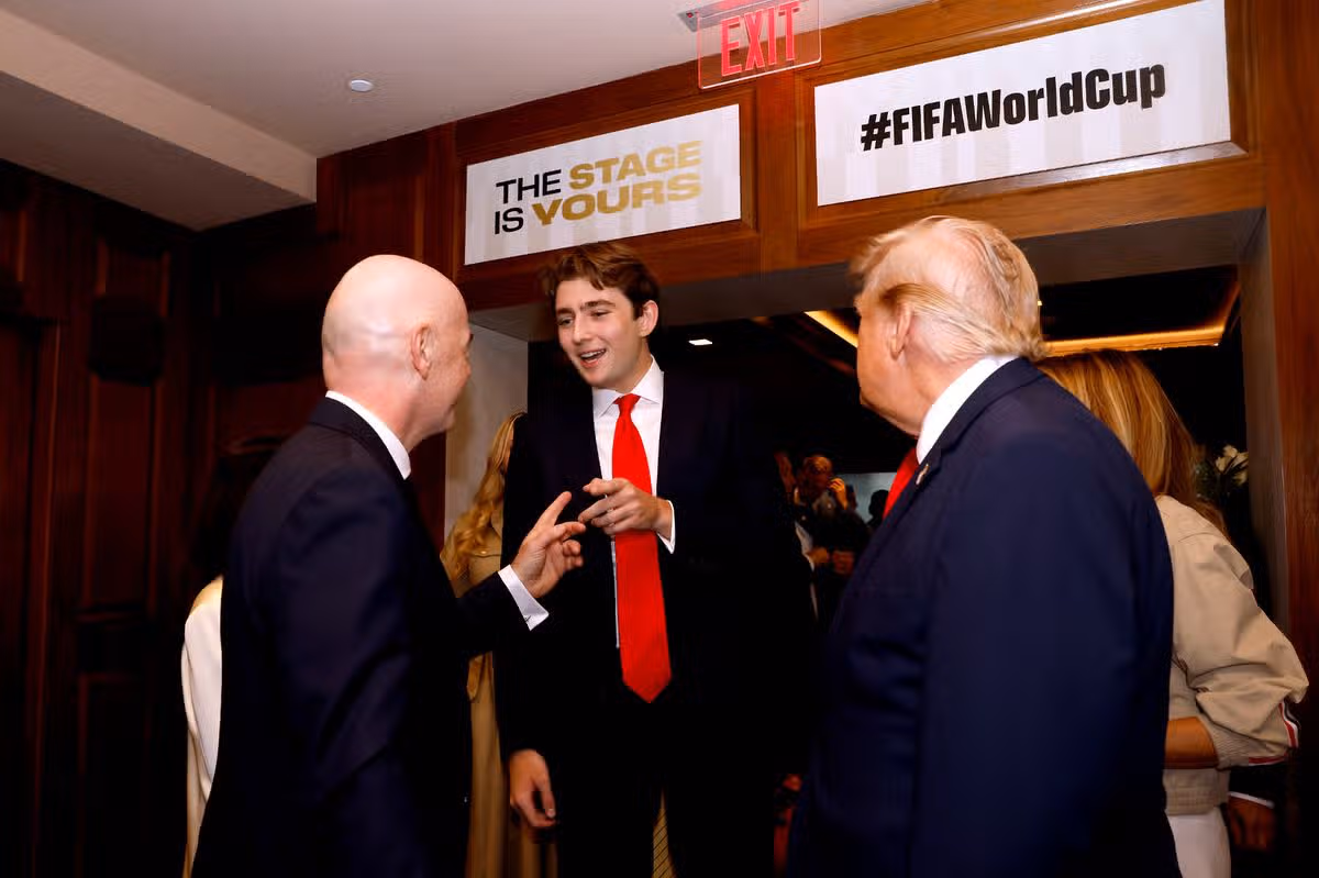 Barron Trump, U.S. President Donald Trump, and FIFA President Gianni Infantino attend the FIFA World Cup 2026 Final match between Spain and Argentina at New York New Jersey Stadium on July 19, 2026 in East Rutherford, New Jersey
